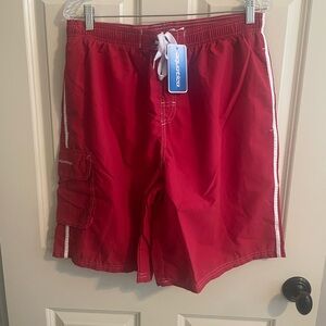 Red Board Shorts with White Drawstring and Side Stripe Swim Trunks